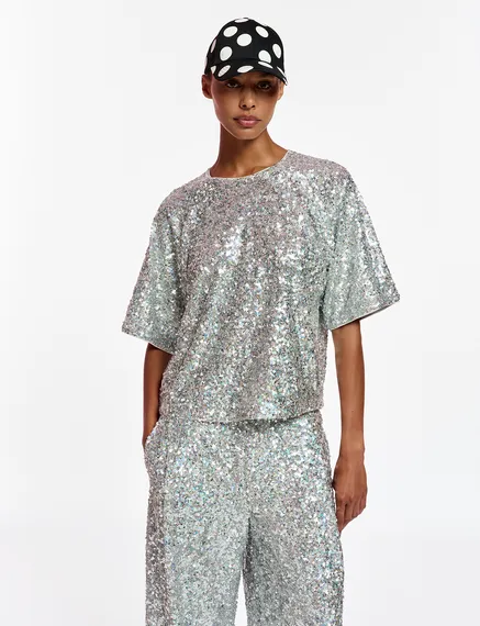 Silver sequin-embellished short-sleeved top