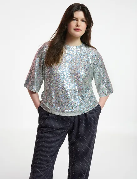 Silver sequin-embellished short-sleeved top