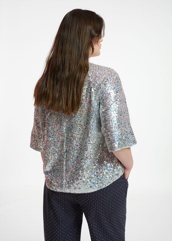 Silver sequin-embellished short-sleeved top