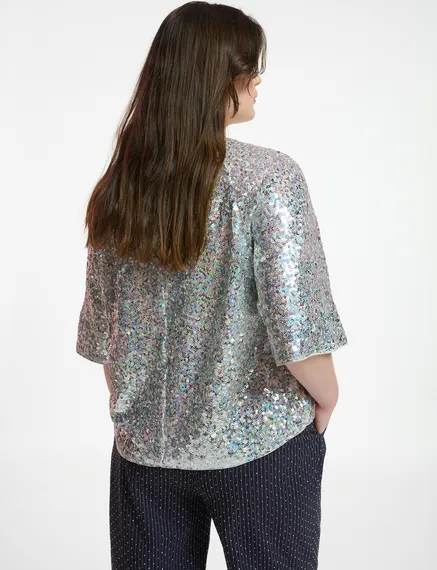 Silver sequin-embellished short-sleeved top