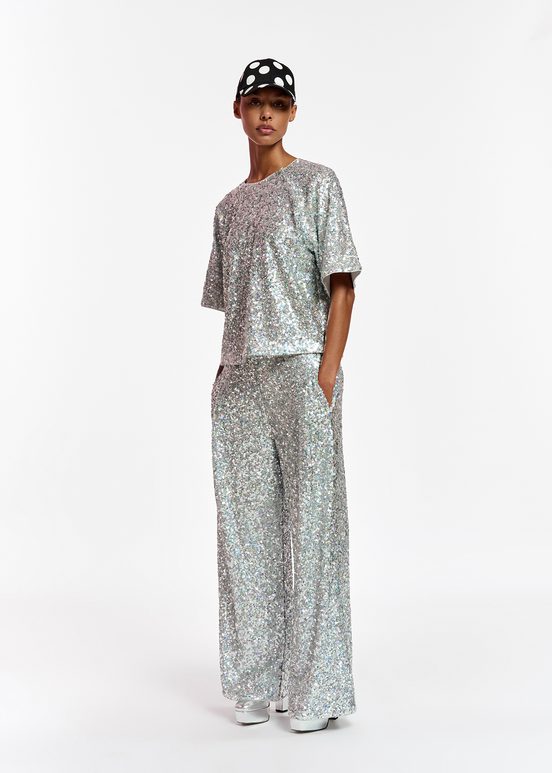 Silver sequin-embellished short-sleeved top