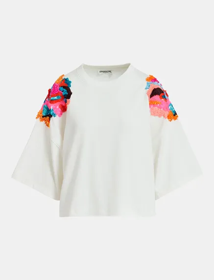 Off-white organic cotton T-shirt with sequin embroideries