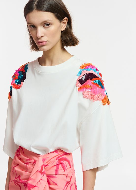 Off-white organic cotton T-shirt with sequin embroideries