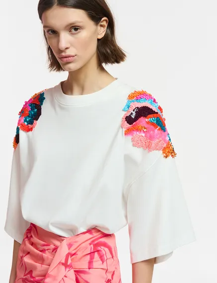 Off-white organic cotton T-shirt with sequin embroideries