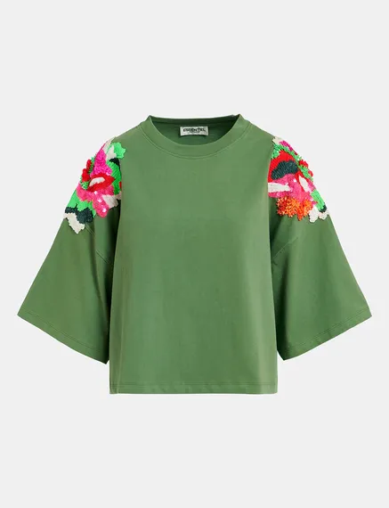 Dark green organic cotton T-shirt with sequin embroideries