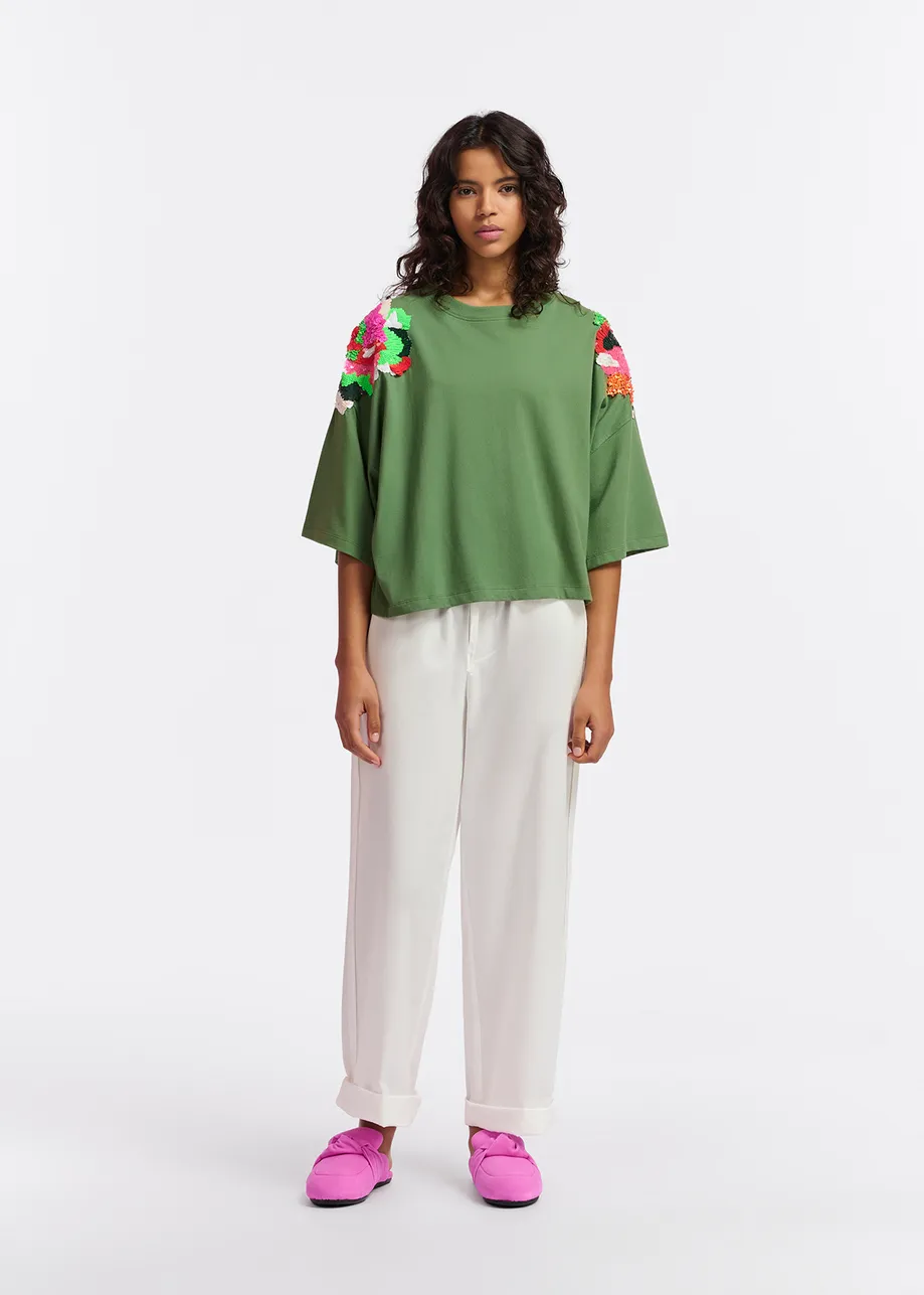 Dark green organic cotton T-shirt with sequin embroideries