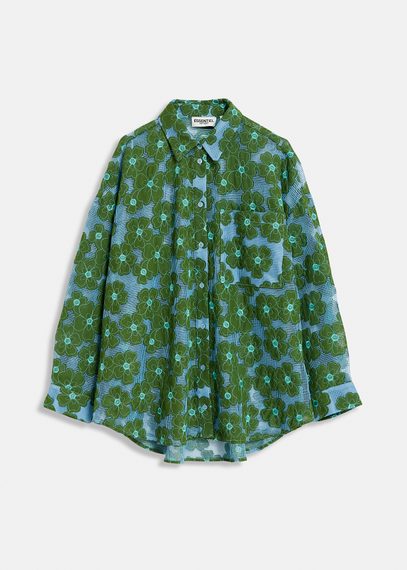 Blue and green floral-embroidered shirt 