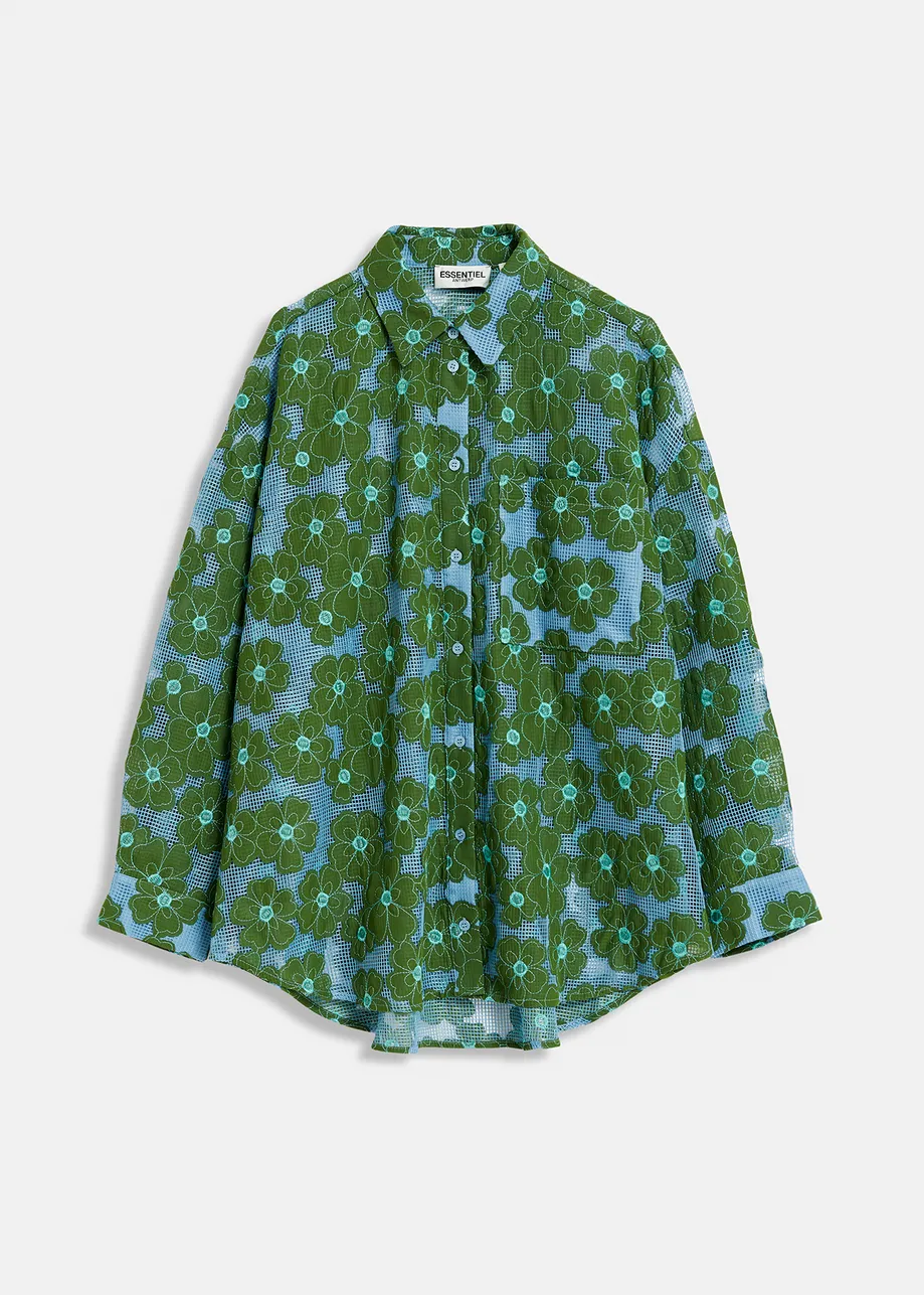 Chemise bleue et verte à fleurs brodées 