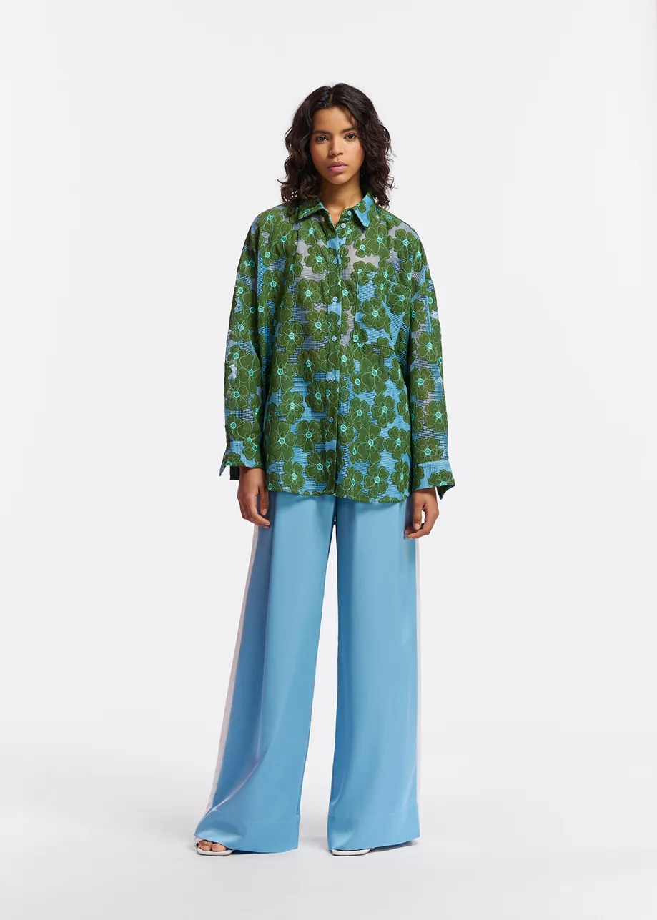 Blue and green floral-embroidered shirt 