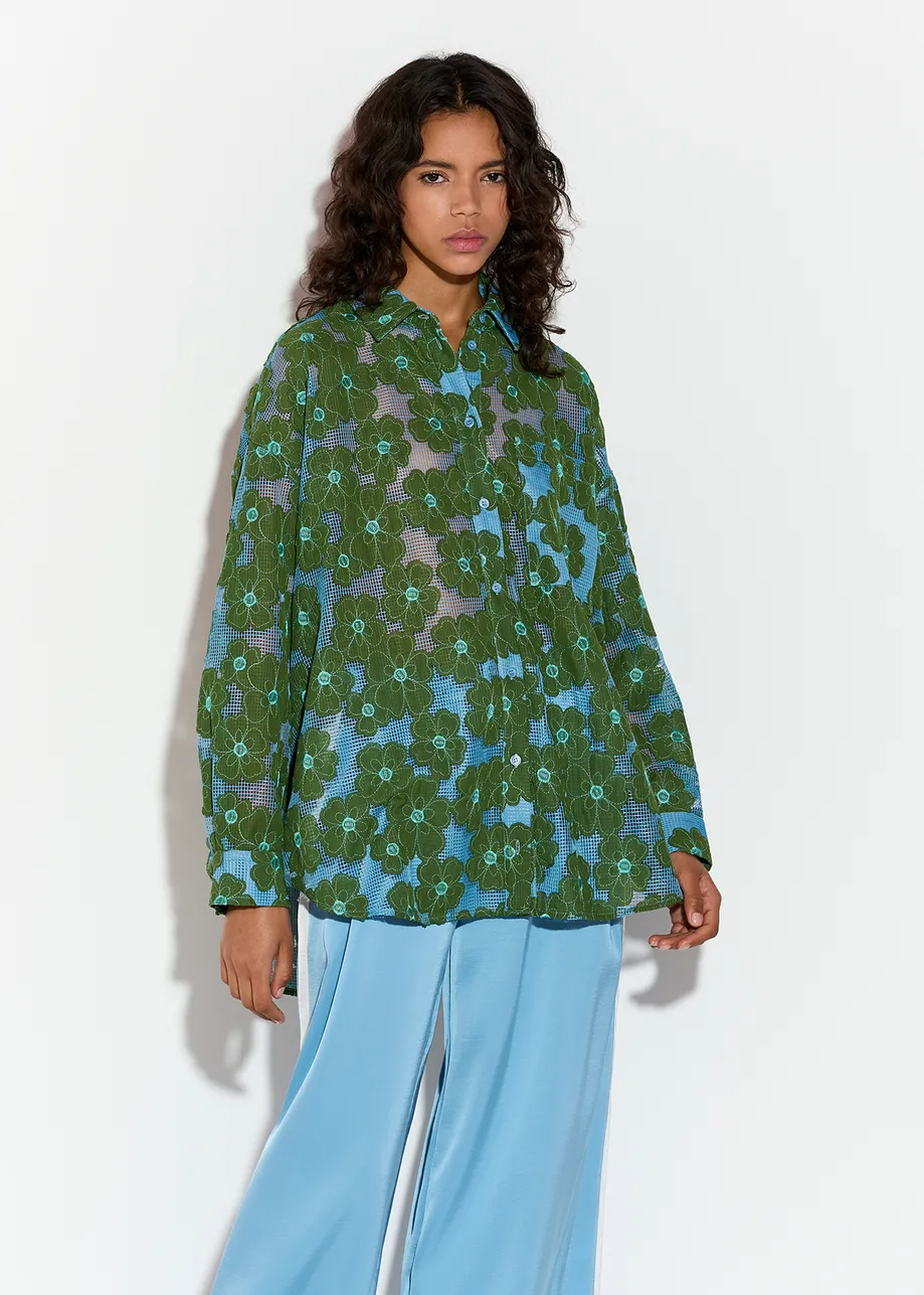 Blue and green floral-embroidered shirt 