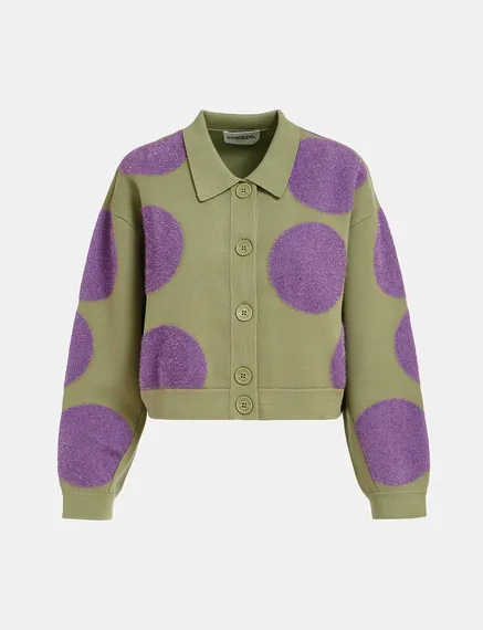 Veste en tricot kaki clair et violette à pois