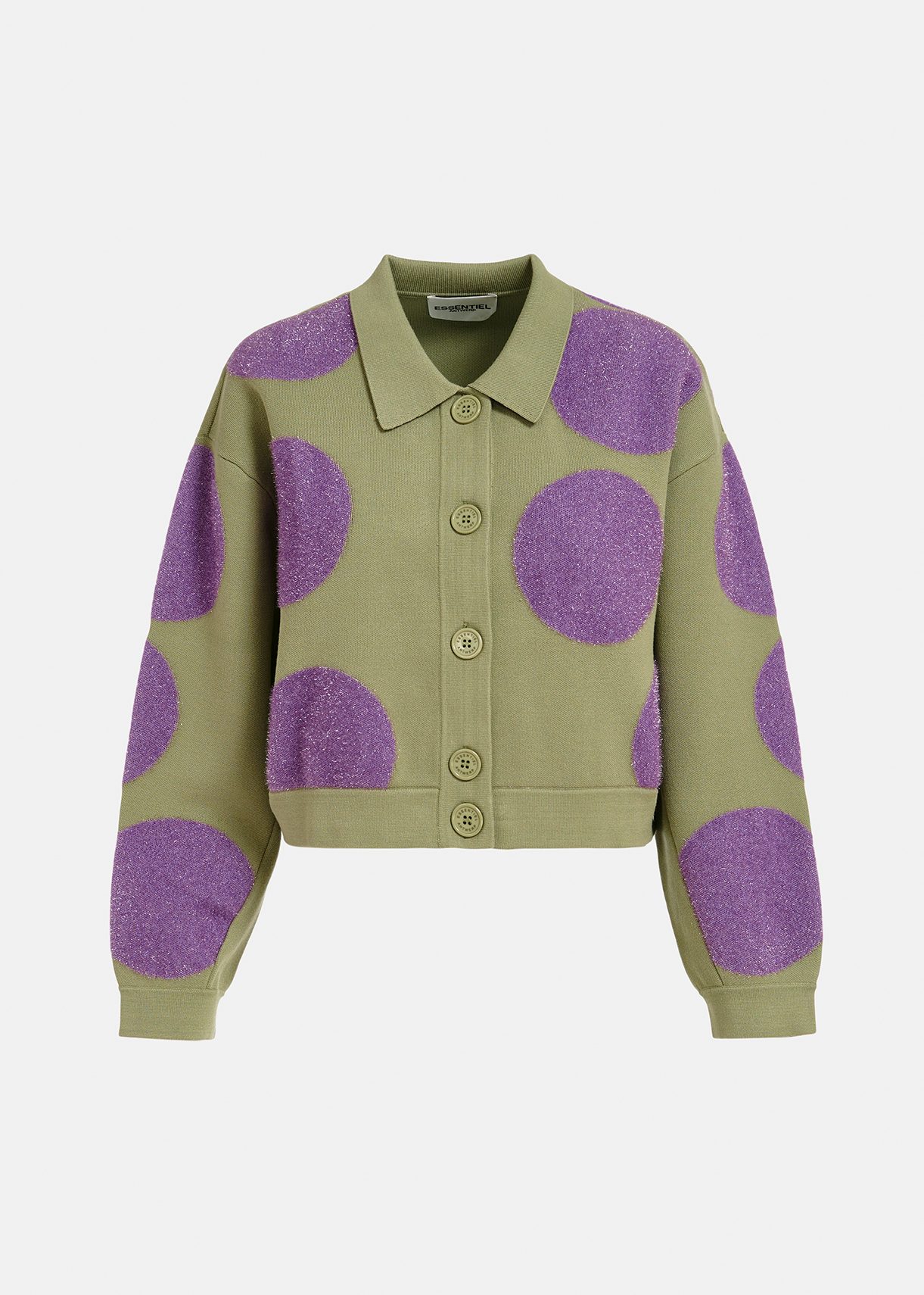 Veste en tricot kaki clair et violette à pois