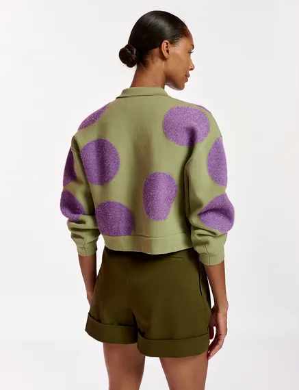 Light khaki and purple polka-dot knitted jacket