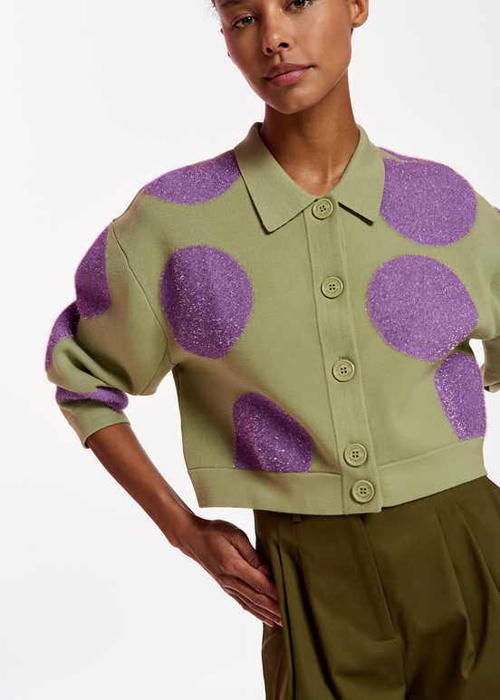 Light khaki and purple polka-dot knitted jacket