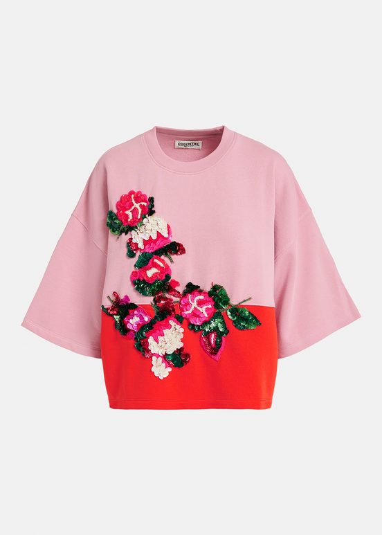 Sweatshirt vieux rose à manches courtes et paillettes