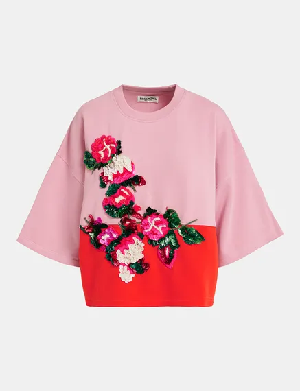 Sweatshirt vieux rose à manches courtes et paillettes