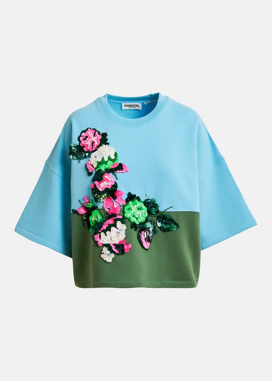 Blue and dark green short-sleeved sweatshirt with sequin embroideries