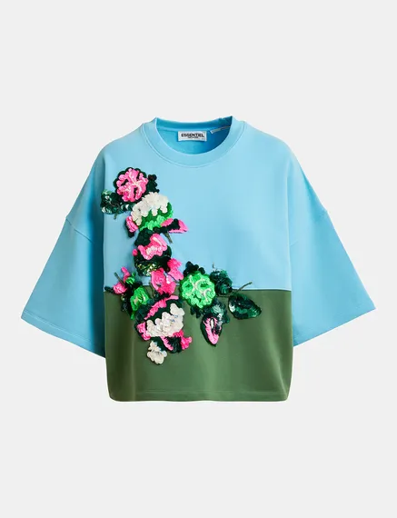 Blue and dark green short-sleeved sweatshirt with sequin embroideries