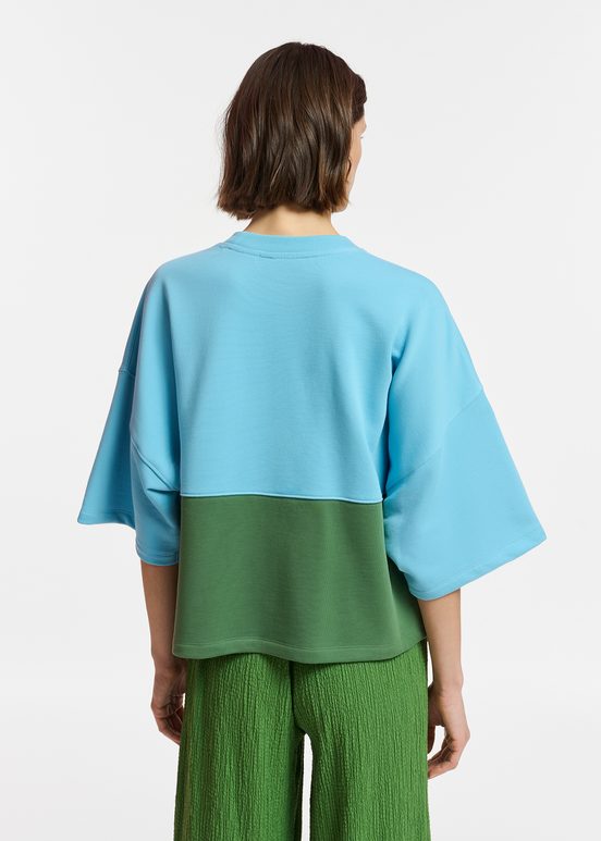 Blauwe en groene sweater met korte mouwen en pailletten