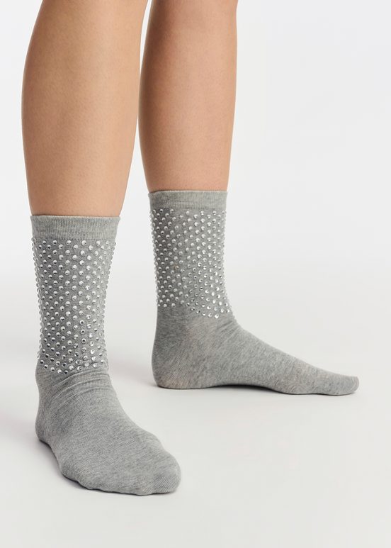 Grey socks with rhinestone embellishments