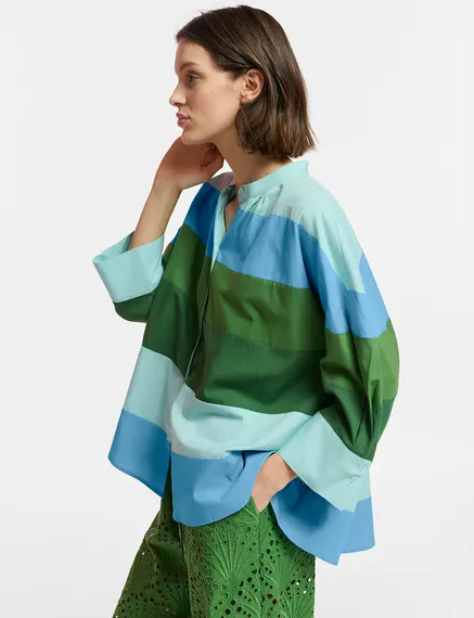 Light blue, blue and green oversized cotton shirt