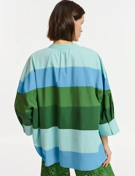 Chemise oversize en coton bleu clair, bleue et verte