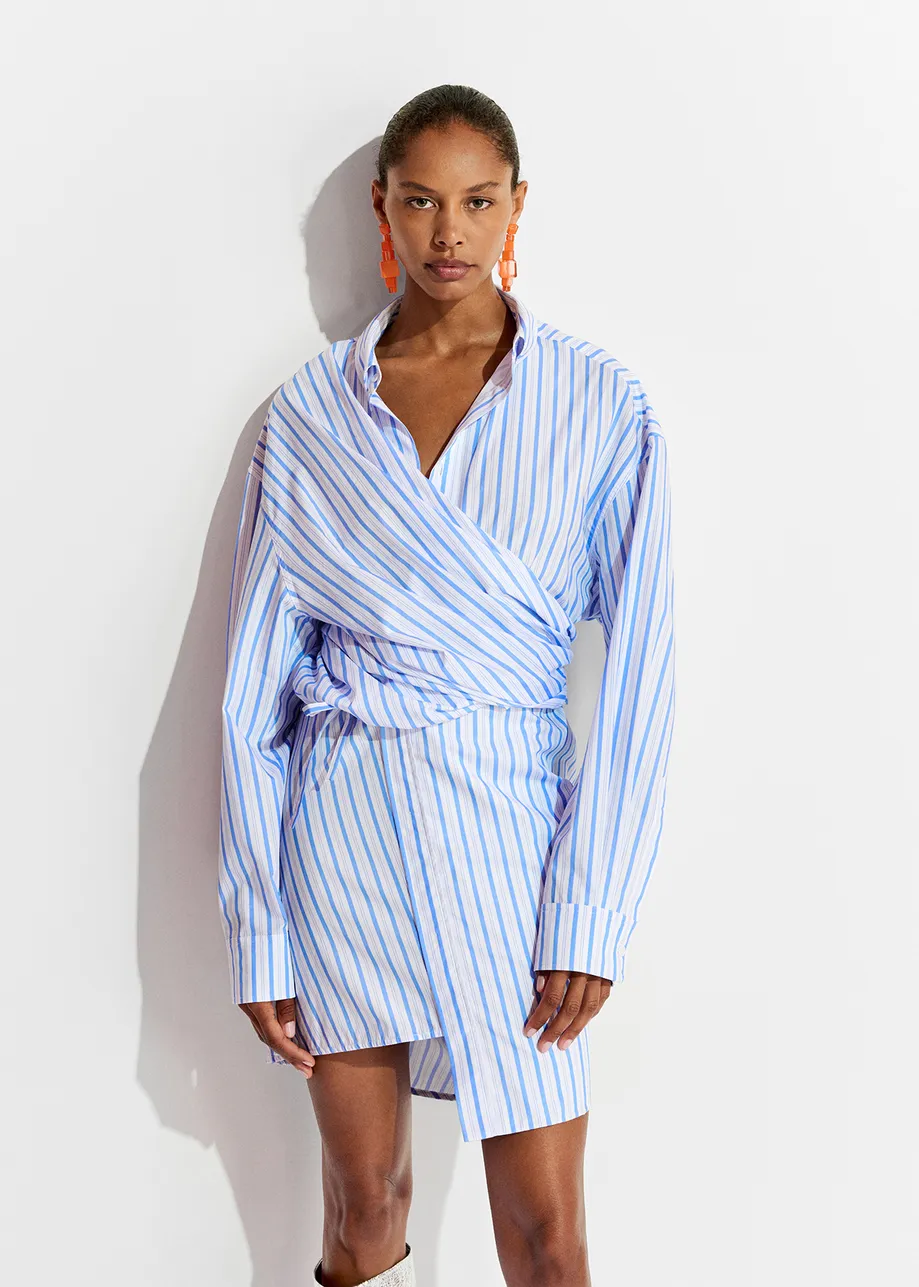 White and blue striped cotton mini dress