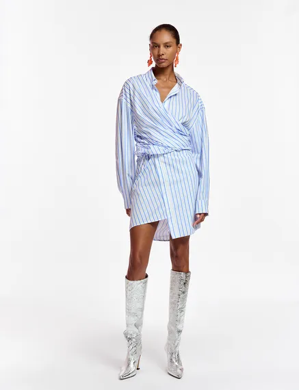 White and blue striped cotton mini dress