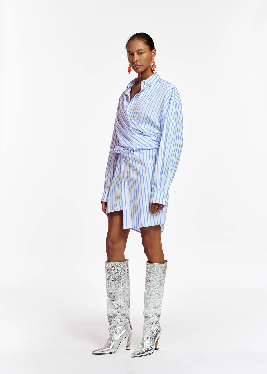 White and blue striped cotton mini dress