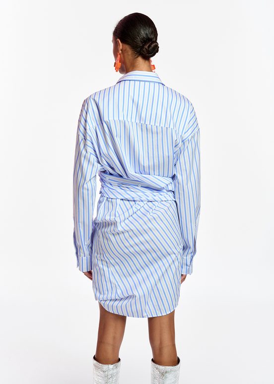 White and blue striped cotton mini dress