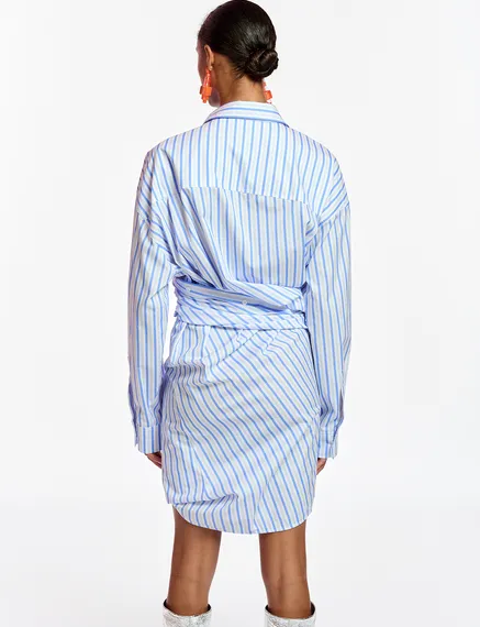 White and blue striped cotton mini dress