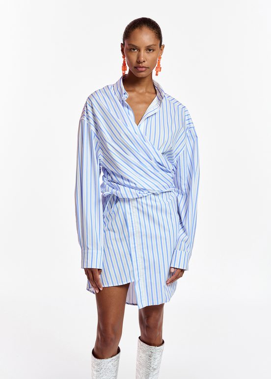 White and blue striped cotton mini dress