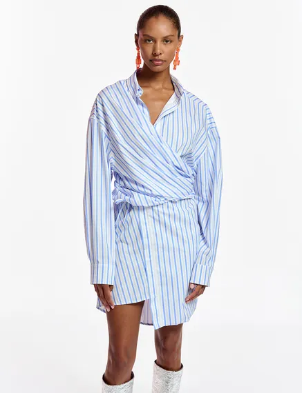 White and blue striped cotton mini dress