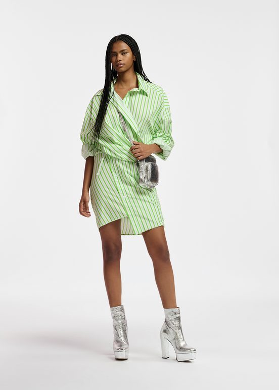 White and green striped cotton mini dress