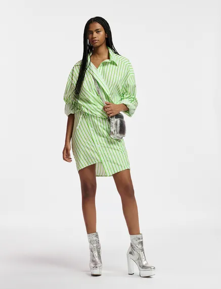 White and green striped cotton mini dress