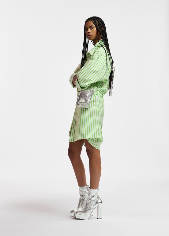 White and green striped cotton mini dress