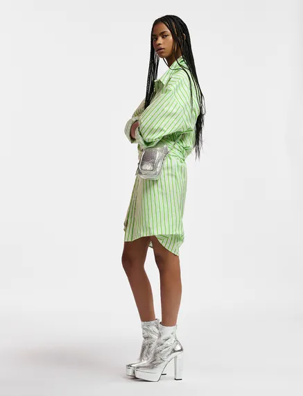 White and green striped cotton mini dress