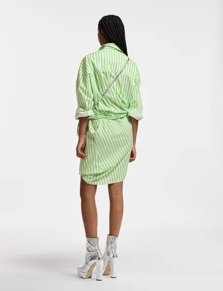 White and green striped cotton mini dress