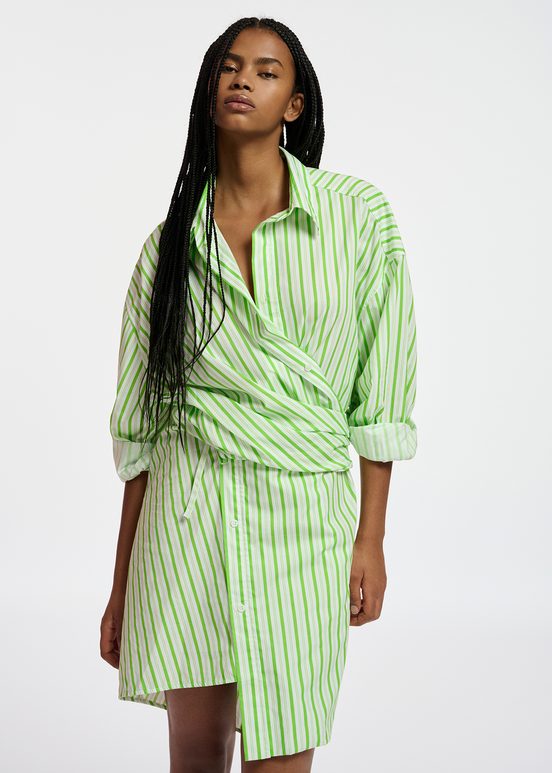 White and green striped cotton mini dress