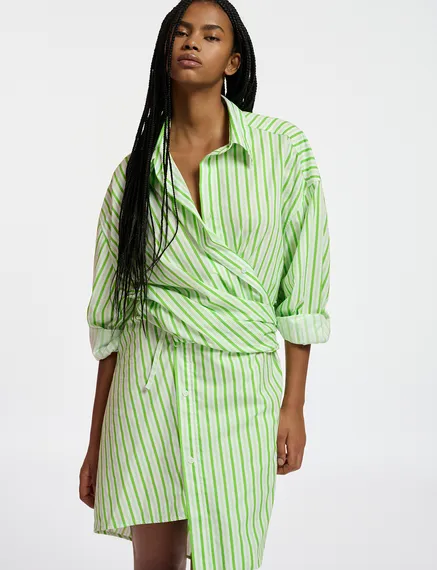 White and green striped cotton mini dress