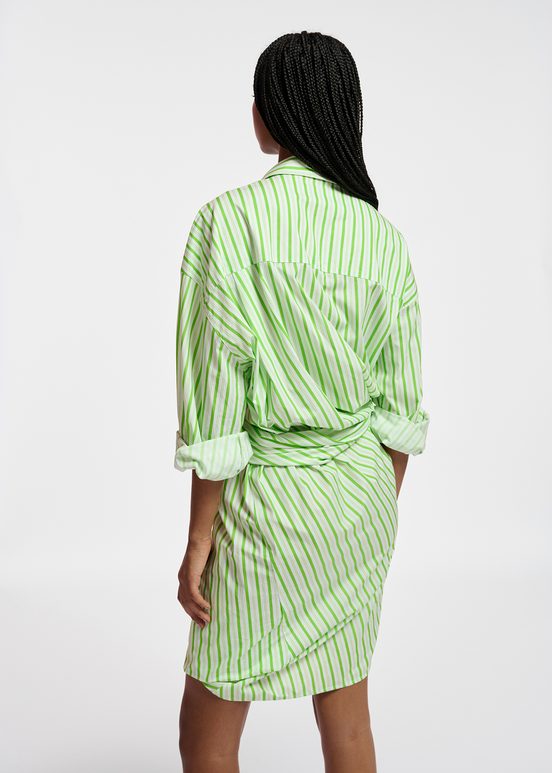 White and green striped cotton mini dress