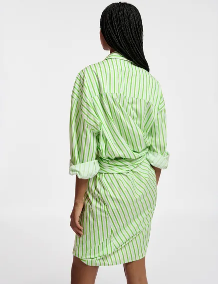 White and green striped cotton mini dress