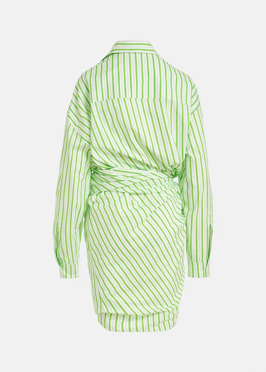 White and green striped cotton mini dress