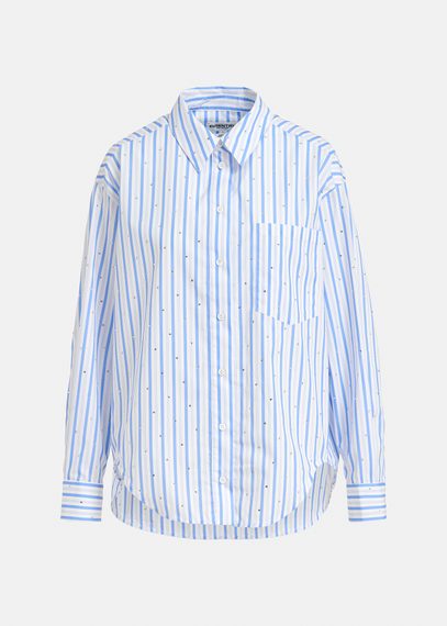 White and blue striped cotton shirt with rhinestone embellishments