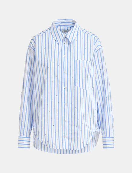 White and blue striped cotton shirt with rhinestone embellishments