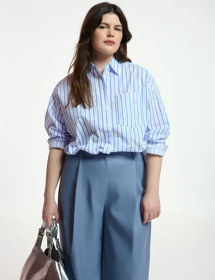 White and blue striped cotton shirt with rhinestone embellishments