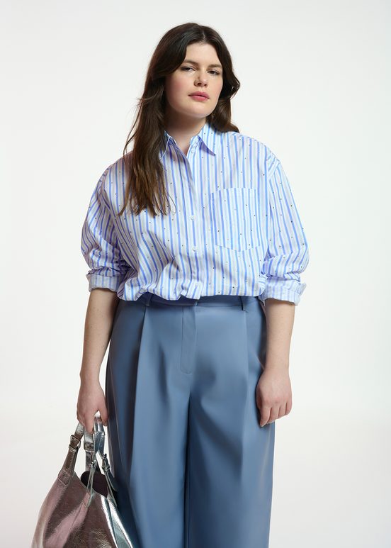 White and blue striped cotton shirt with rhinestone embellishments