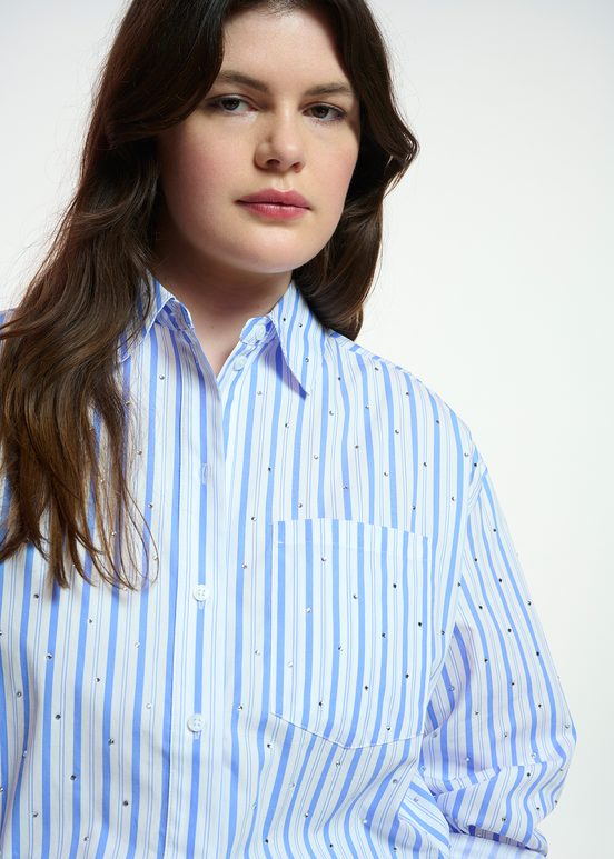 White and blue striped cotton shirt with rhinestone embellishments