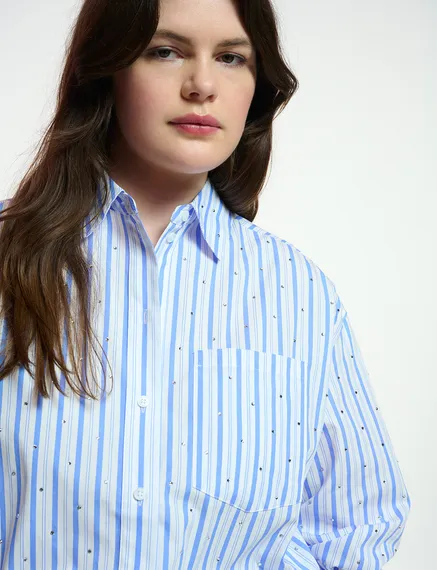 White and blue striped cotton shirt with rhinestone embellishments