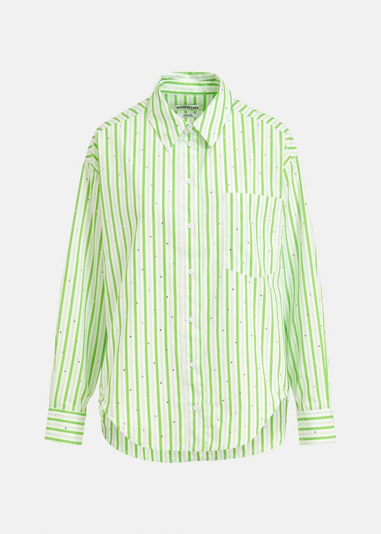 White and green striped cotton shirt with rhinestone embellishments